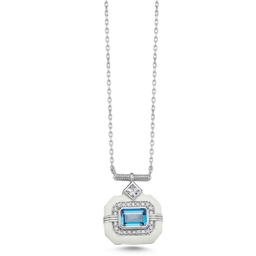 Octagon Blue White Enamel Trendy Women's Silver Necklace - CNG Jewels