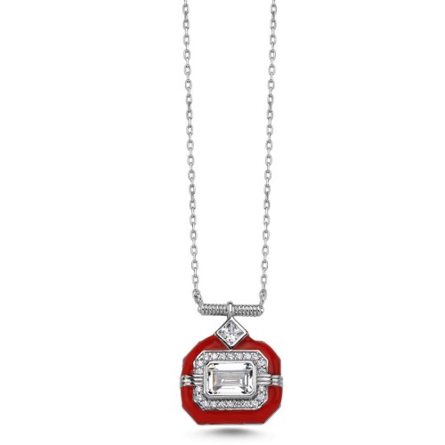 CNG Jewels - Oktagon Kırmızı Mine Trend Kadın Gümüş Kolye