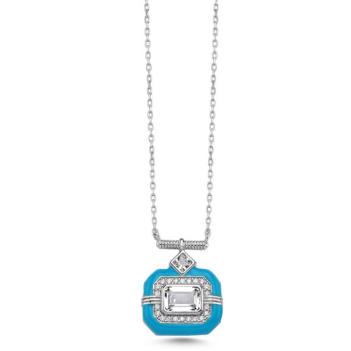 Octagon Blue Enamel Trendy Women's Silver Necklace - CNG Jewels