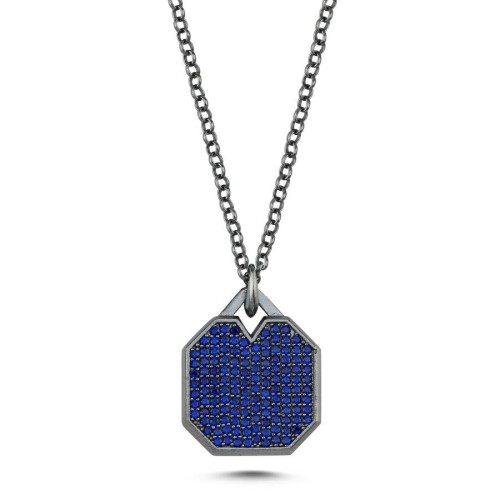 CNG Jewels - Oktagon Mavi Taşlı Plaka Tasarım Gümüş Erkek Kolye