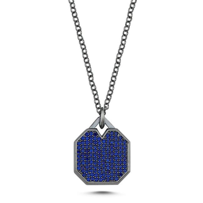 Oktagon Mavi Taşlı Plaka Tasarım Gümüş Erkek Kolye - 1
