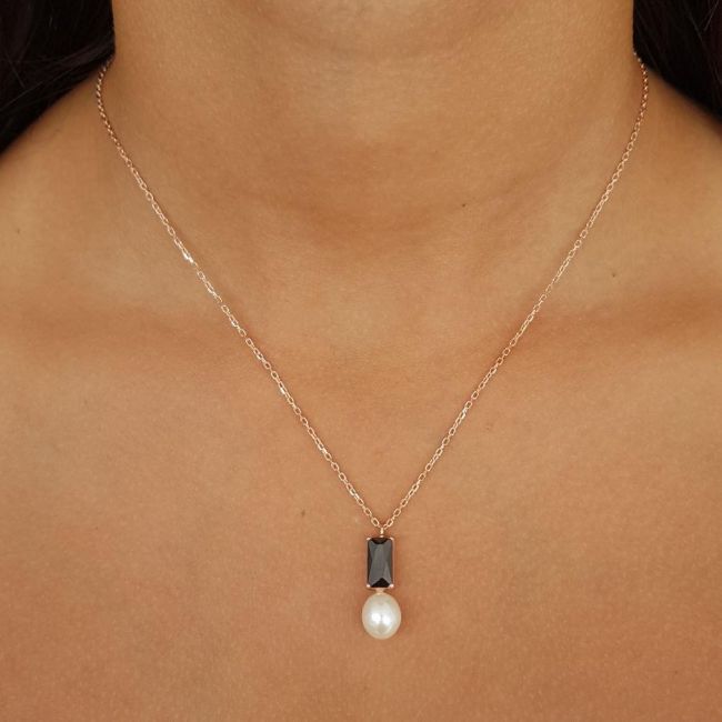Oktagon Oniks Damla Gerçek İnci Kadın Gümüş Kolye - 2