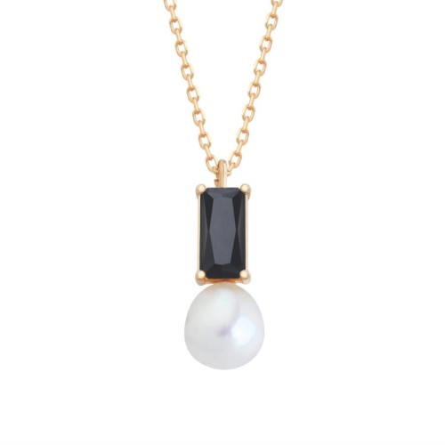 Octagon Onyx Drop Real Pearl Women's Silver Necklace - CNG Jewels