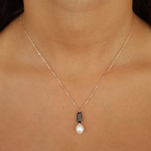 Octagon Onyx Drop Real Pearl Women's Silver Necklace - CNG Jewels (1)