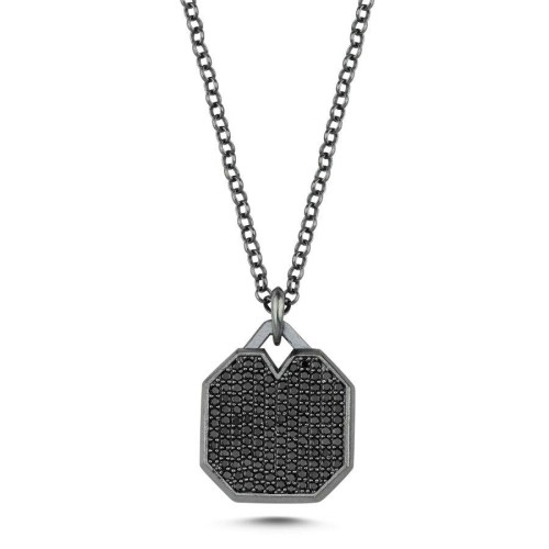CNG Jewels - Oktagon Siyah Taşlı Plaka Tasarım Gümüş Erkek Kolye