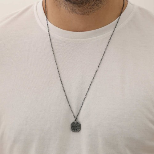 Oktagon Siyah Taşlı Plaka Tasarım Gümüş Erkek Kolye - 3