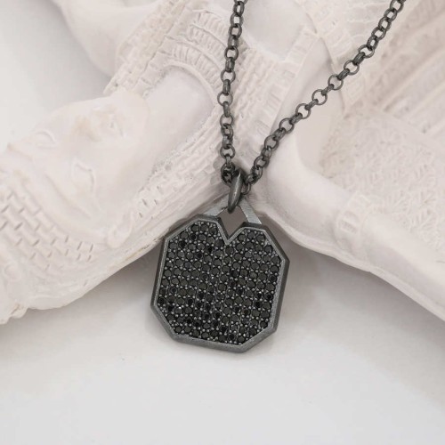 Oktagon Siyah Taşlı Plaka Tasarım Gümüş Erkek Kolye - CNG Jewels (1)