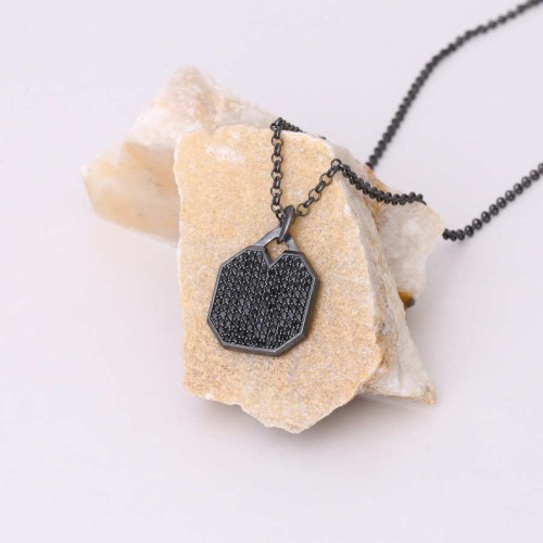 Oktagon Siyah Taşlı Plaka Tasarım Gümüş Erkek Kolye - 4