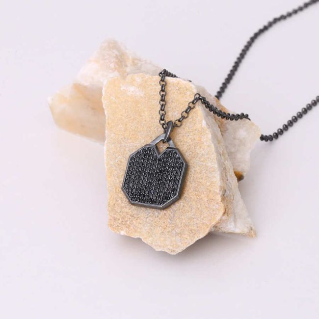 Oktagon Siyah Taşlı Plaka Tasarım Gümüş Erkek Kolye - 4