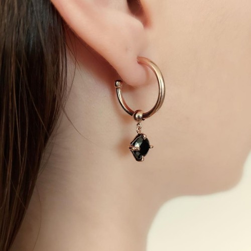 Onyx Stone Dangle Rose Hoop Silver Women's Earrings - CNG Jewels (1)