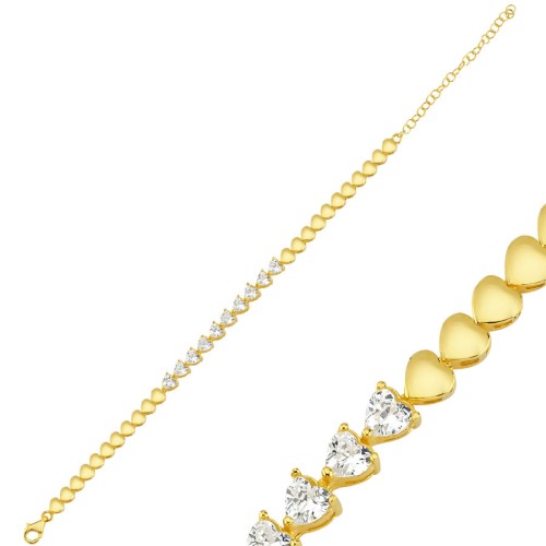 CNG Jewels - Ortası Kalp Taşlı Suyolu Gold Kadın Gümüş Bileklik