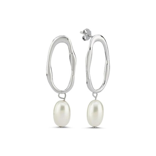 Oval Çember Halka İncili Gümüş Kadın Sallantılı Küpe - 1