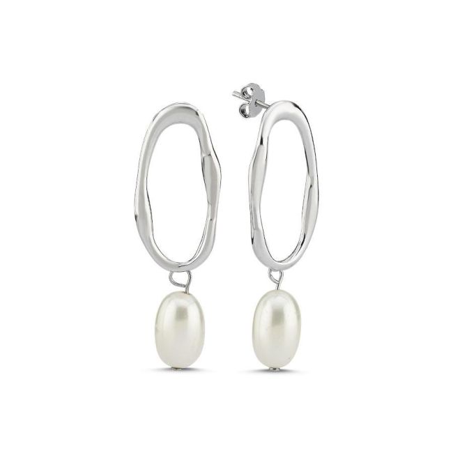 Oval Çember Halka İncili Gümüş Kadın Sallantılı Küpe - 1