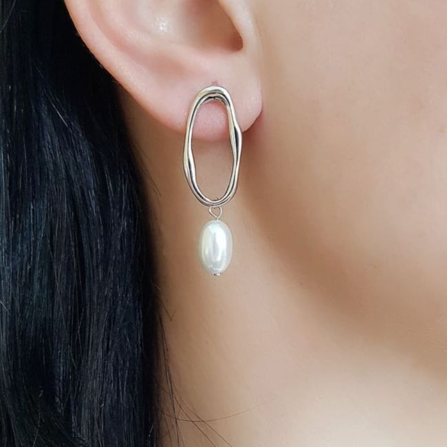 Oval Çember Halka İncili Gümüş Kadın Sallantılı Küpe - 2