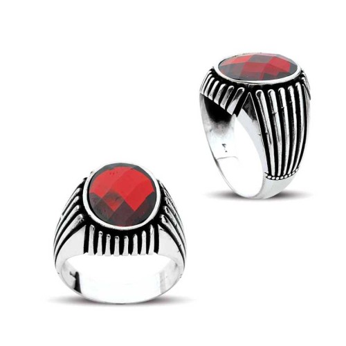 Oval Kırmızı Taşlı Gümüş Erkek Yüzüğü - Thumbnail