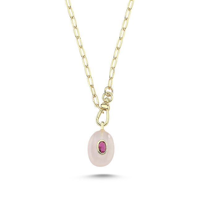 Oval Pembe Kuvars Taşlı Ataç Zincir Kolye - 1