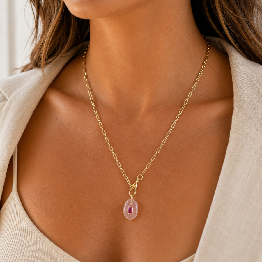 Oval Pembe Kuvars Taşlı Ataç Zincir Kolye - CNG Jewels (1)