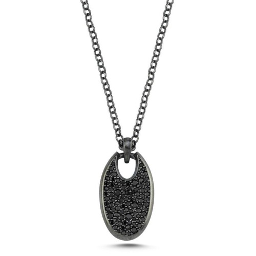 CNG Jewels - Oval Siyah Taşlı Tasarım Plaka Gümüş Erkek Kolye