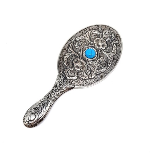 Oval Turquoise Stone Silver Hand Mirror No.2 - Thumbnail