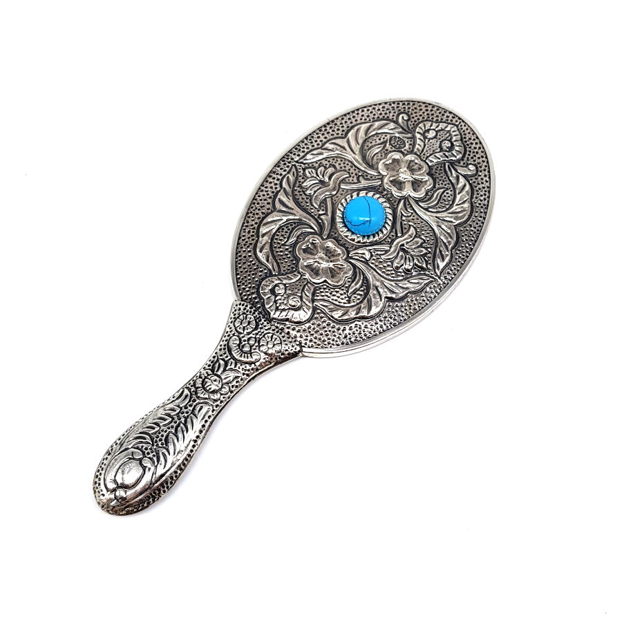 Oval Turquoise Stone Silver Hand Mirror No.2 - CNG Jewels