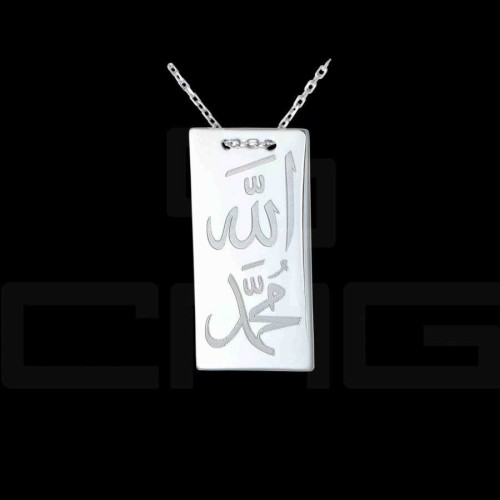 CNG Jewels - Özel Hat Sanatı Allah ve Hz.Muhammed Yazılı Dikdörtgen Gümüş Bayan Kolye