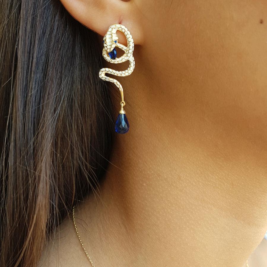 Special Design Sapphire Drop Stone Enameled Cobra Snake Silver Women's Earrings - CNG Jewels