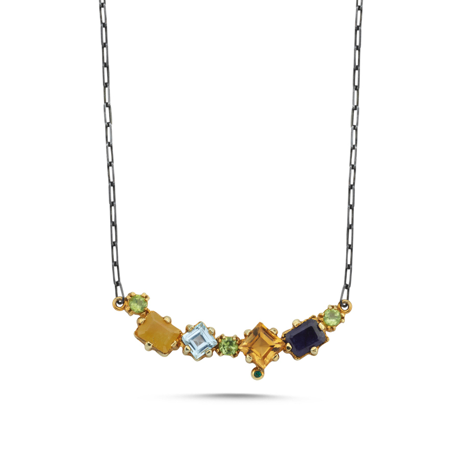 Özel Tasarım Mix Doğal Taşlı Yay Gümüş Kolye - CNG Jewels