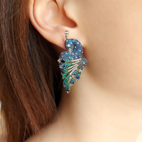 CNG Jewels - Özel Tasarım Renkli Tavus Kuşu Gümüş Bayan Küpe