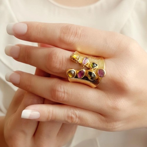 CNG Jewels - Özel Tasarım Renkli Turmalin Gold Gümüş Bayan Yüzük