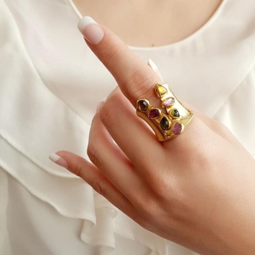 Özel Tasarım Renkli Turmalin Gold Gümüş Kadın Yüzük - 2