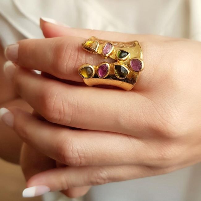 Özel Tasarım Renkli Turmalin Gold Gümüş Kadın Yüzük - 3