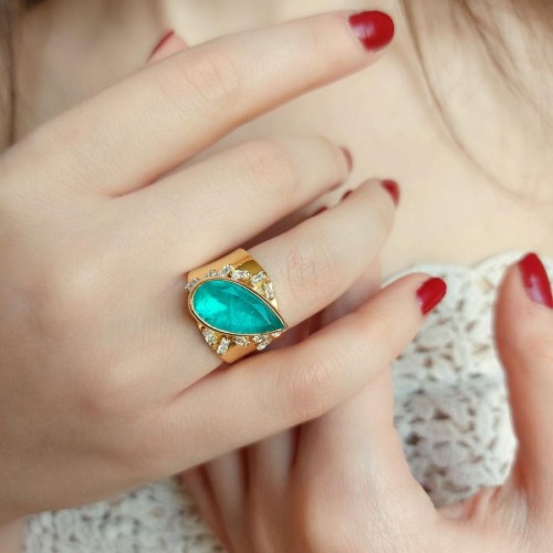 CNG Jewels - Özel Tasarım Smeraldo Gold Gümüş Bayan Yüzük