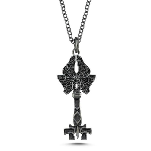 CNG Jewels - Özel Tasarım Taşlı Mineli Siyah Anahtar Gümüş Erkek Kolye