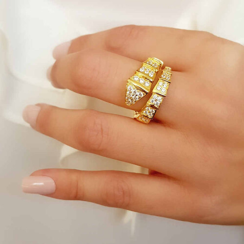 CNG Jewels - Özel Tasarım Taşlı Yılan Altın Rengi Gümüş Bayan Yüzük