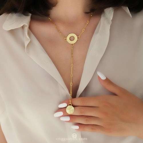 CNG Jewels - Özel Tasarım Y Şeklinde Spiral Gold Gümüş Bayan Kolye