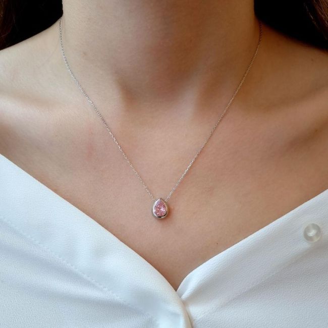 Pembe Damla Tek Taş Gümüş Kolye - 2