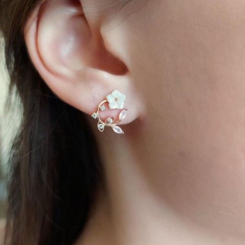CNG Jewels - Pembe Taşlı Yapraklı Çiçek Gümüş Kadın Küpe