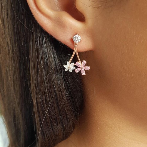 Pink Stone White Flower Pearl Daisy Silver Women's Earrings - CNG Jewels (1)