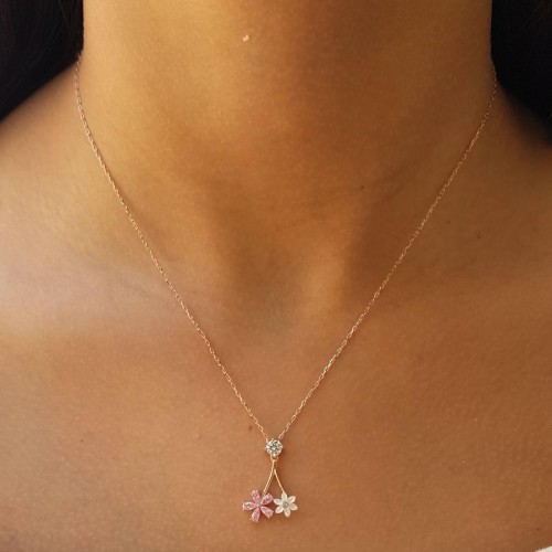 CNG Jewels - Pembe Taşlı Çiçek Beyaz Sedefli Papatya Gümüş Bayan Kolye
