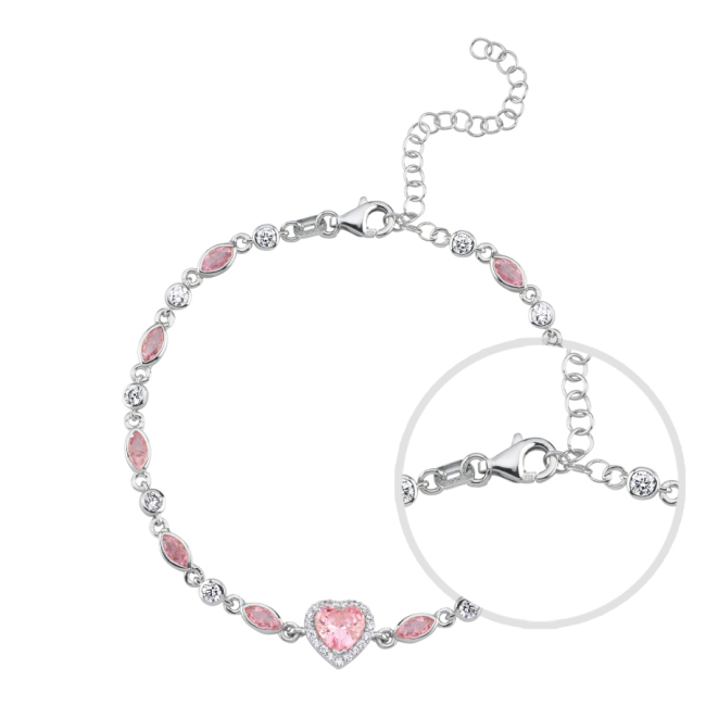 Pembe Taşlı Kalp Zincir Kadın Gümüş Bileklik - 3