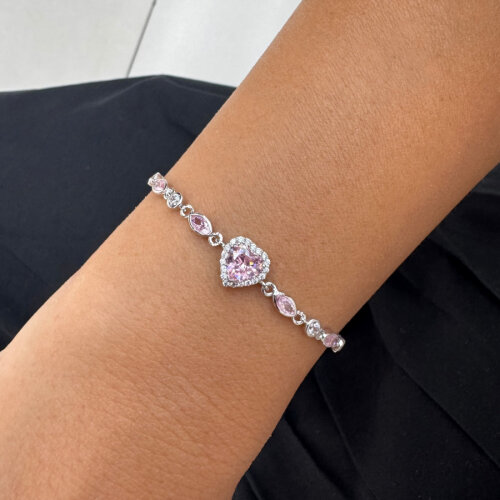Pembe Taşlı Kalp Zincir Kadın Gümüş Bileklik - CNG Jewels (1)