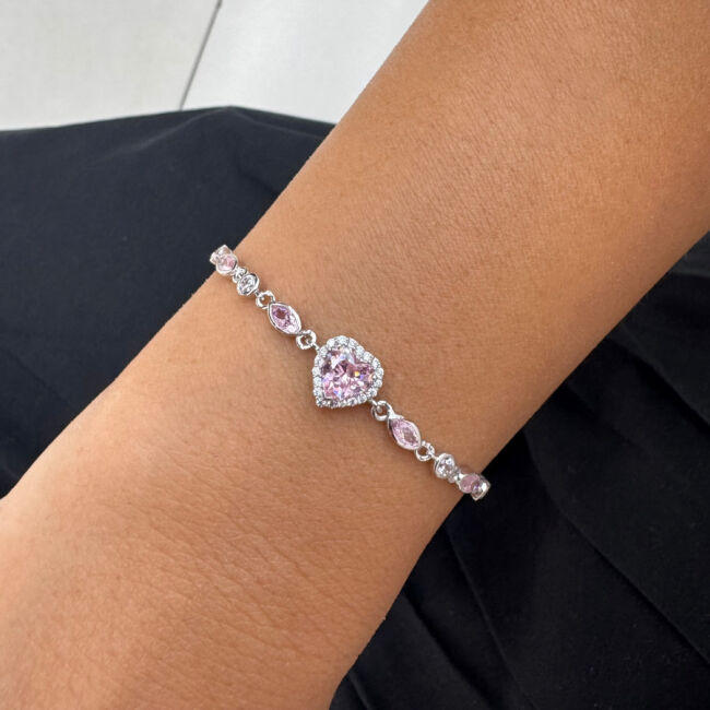 Pembe Taşlı Kalp Zincir Kadın Gümüş Bileklik - 2