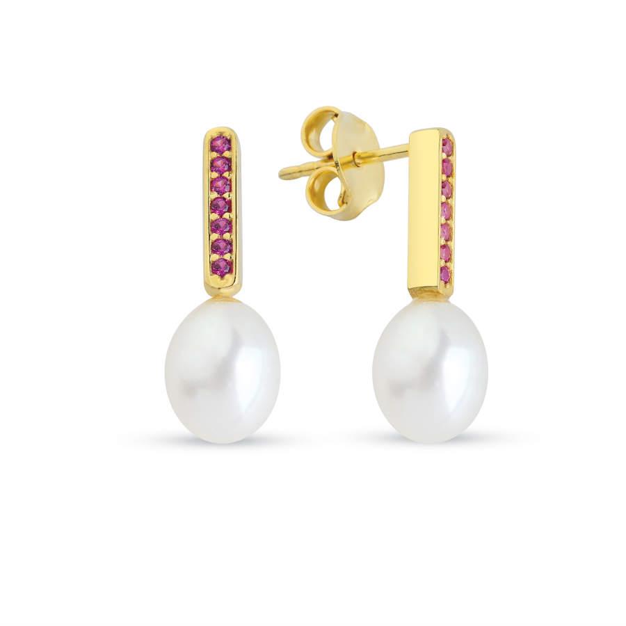 Pembe Yakut Taşlı Doğal Damla İncili Gümüş Kadın Küpe - CNG Jewels