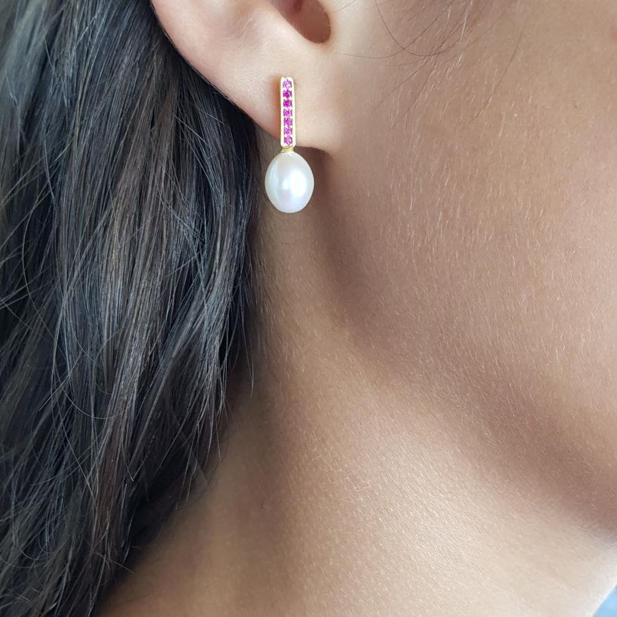 Pembe Yakut Taşlı Doğal Damla İncili Gümüş Kadın Küpe - CNG Jewels (1)