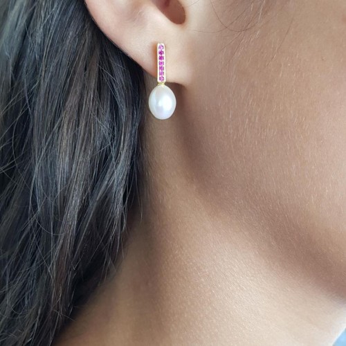 Pembe Yakut Taşlı Doğal Damla İncili Gümüş Kadın Küpe - 2