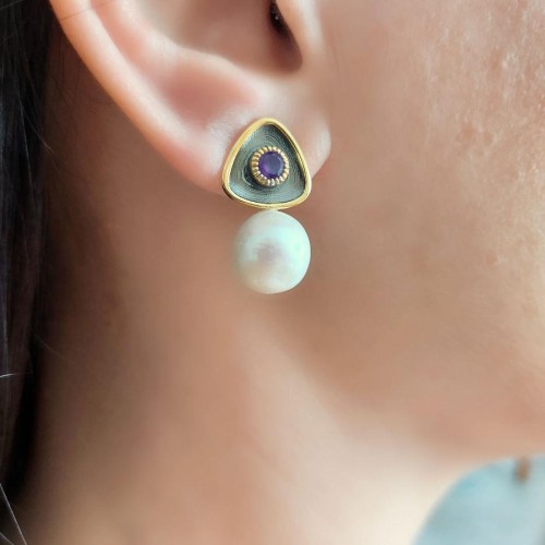 Perla Viola Silver Earrings - Thumbnail