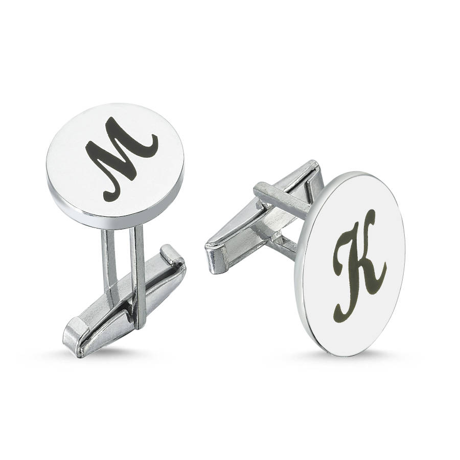CNG Jewels - Personalized Round Plate Black Enamel Letter Cufflinks