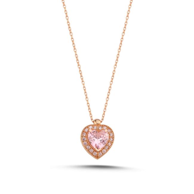14K Gold Pink Heart Rose Necklace - 1