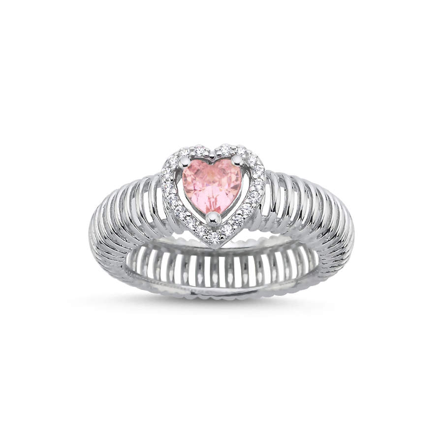 Pink Heart Solitaire Accordion Women's Silver Ring - CNG Jewels