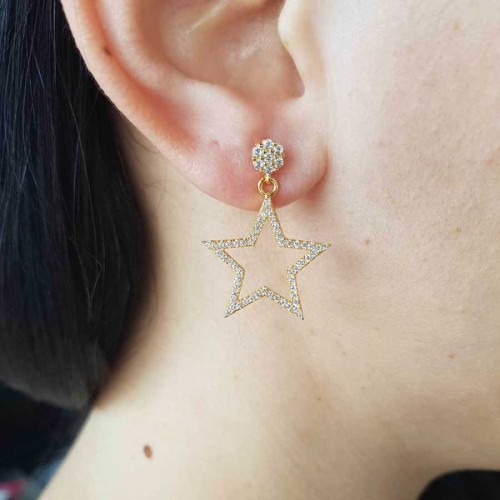 CNG Jewels - Pırlanta İşçilikli Altın Rengi Taşlı Yıldız Gümüş Küpe